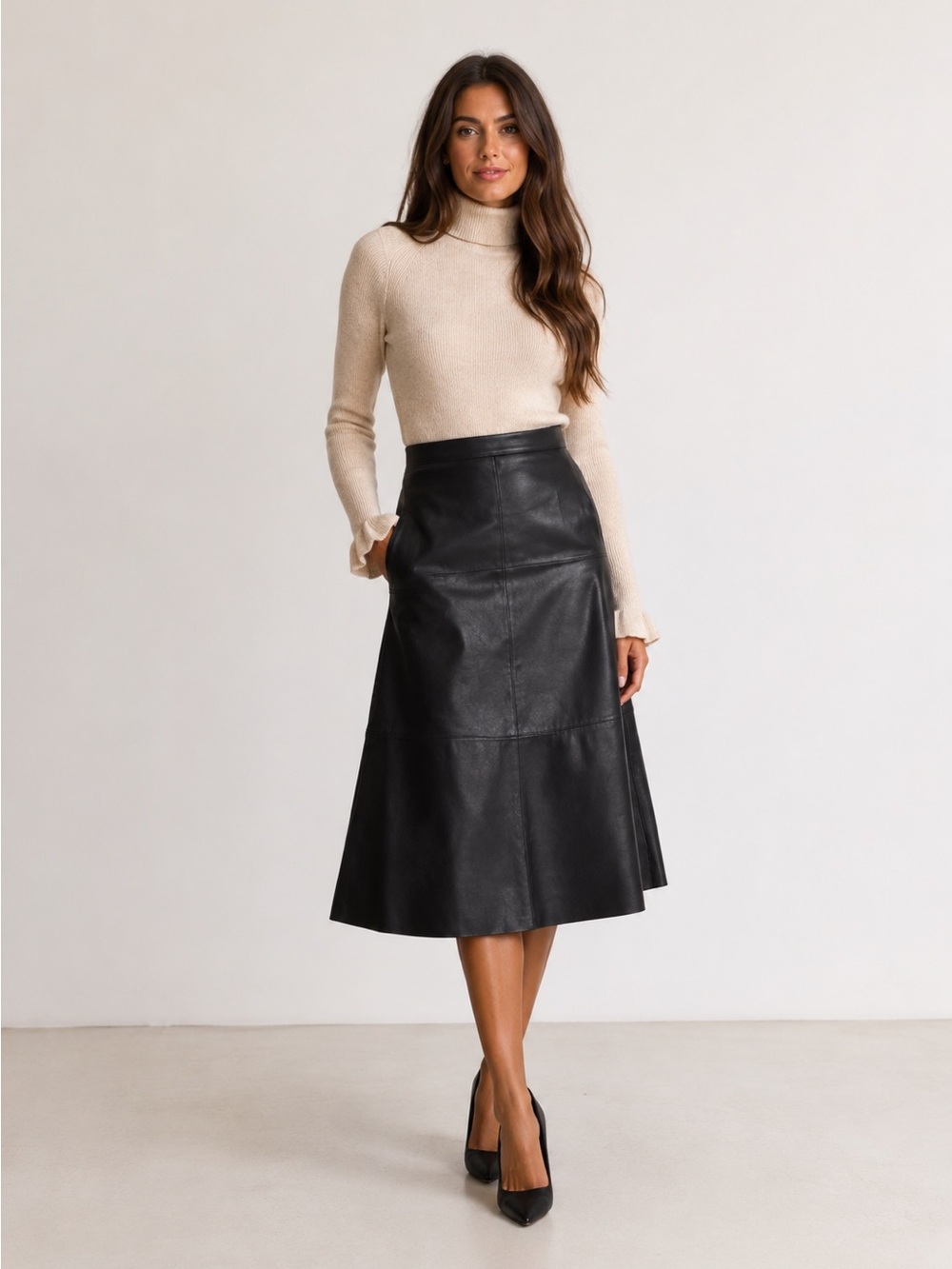 Ted Baker London Black Leather Panel A-Line Style High Waisted Midi Skirt